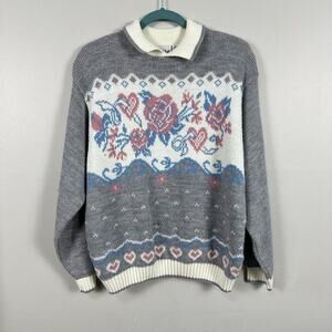 Vintage Cricket Lane Womens Large Knit Sweater Collar Floral Grey Cottagecore